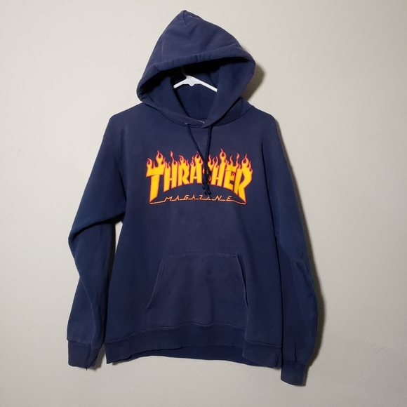 THRASHER‎ MAGAZINE x VINTAGE flame logo navy pull over hoodie size Small - Picture 10 of 10